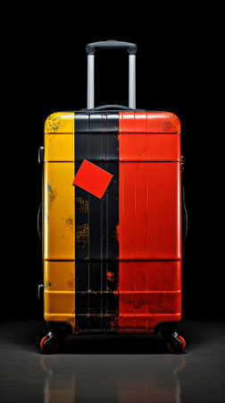 Suitcase with yellow black and red colorings on black background.の素材