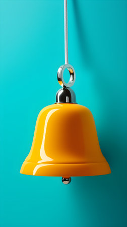 Yellow bell hanging on a rope over turquoise background.の素材