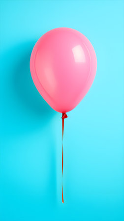 Pink balloon on blue background. Minimal concept. Flat lay.の素材