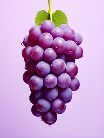 Bunch of grapes with water droplets on a purple background.の素材