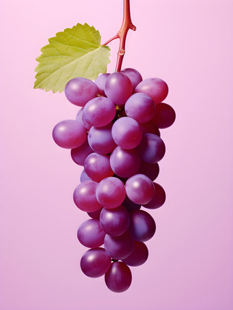 Bunch of grapes on a pink background with a green leaf.の素材