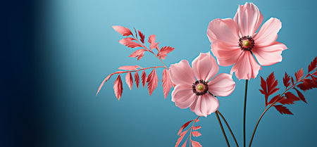 Pink anemone flowers with leaves on blue backgroundの素材