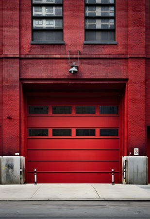 Red metal garage door in a row on a street in NYC, entrance to a fire stationの素材