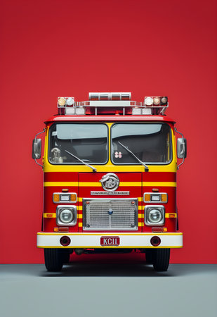 Modern fire engine on a red background.の素材