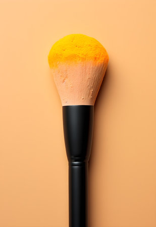 Makeup brush with orange powder on beige background, top viewの素材