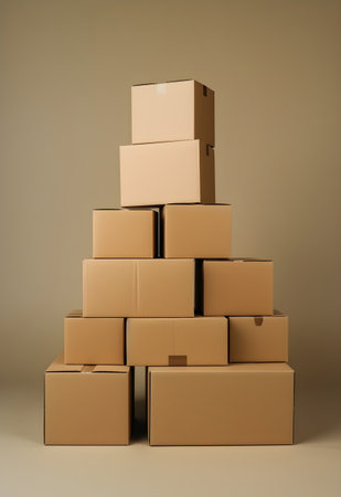 Cardboard boxes stacked in a pyramid on a gray background.の素材