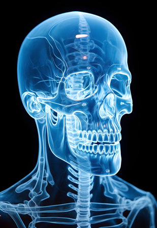 X-ray image of human skull on black background, medical conceptの素材