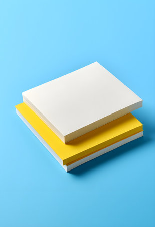 Stack of blank sticky notes on blue background.   Add your message.の素材