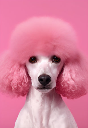 Portrait of a white poodle dog with pink wig. Isolated on pink background.の素材