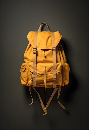 Yellow backpack on dark background. Back to school concept. Copy space.の素材