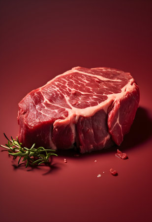 Raw steak with rosemary on a red background. Toned.の素材