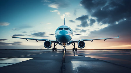 Airplane in the airport at sunset. Business travel and transportation concept.の素材
