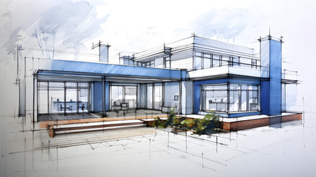 3d rendering of modern cozy house with pool and parking for sale or rent. Black line sketch on white background.の素材