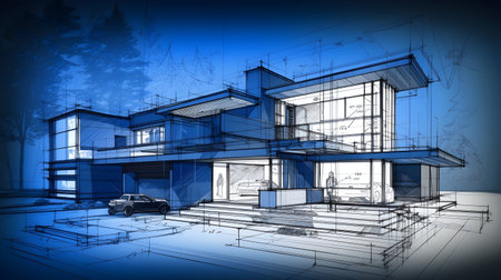 3d rendering of modern cozy house with garage for sale or rent. Black line sketch and blue light background.の素材