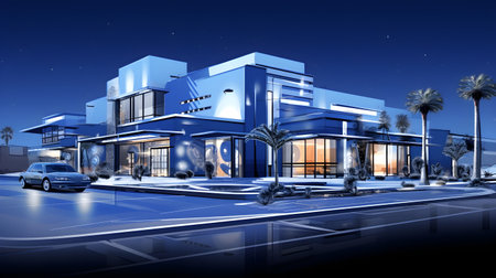 3d rendering of modern cozy house with garage and pool for sale or rent. Clear blue sky background.の素材