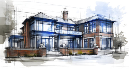 sketch design of modern house,3d render and illustrationの素材