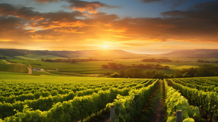 Sunset over vineyards in South Moravia, Czech Republic.の素材