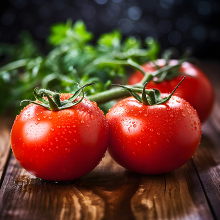 Fresh tomatoes with water drops on wooden background. Selective focus.の素材