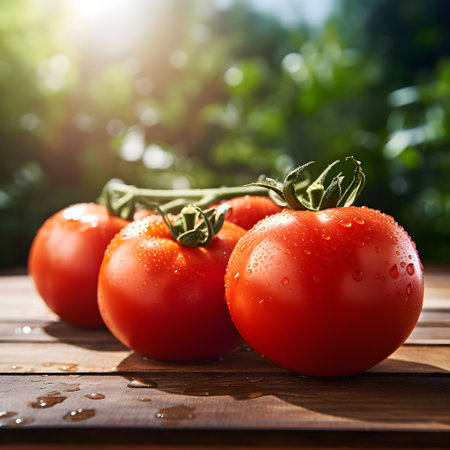 Tomatoes on a wooden table in the garden. Selective focus.の素材