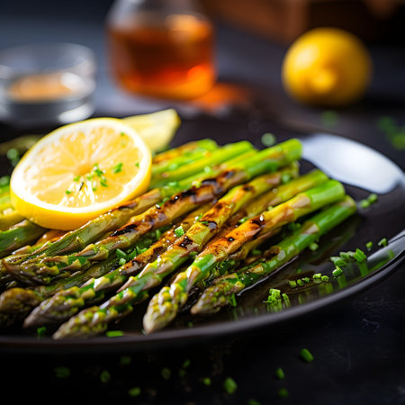Grilled asparagus with lemon and thyme on black plateの素材