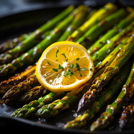 Grilled asparagus with lemon and herbs on a black plateの素材