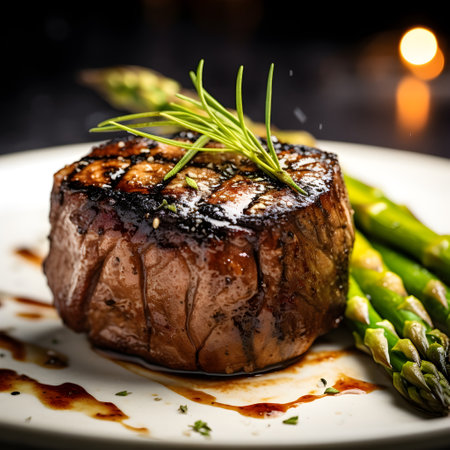 Grilled beef steak with asparagus on a white plate.の素材