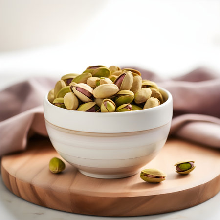 Pistachio nuts in a bowl on white marble background.の素材