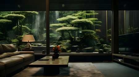 Luxury living room interior design with green garden view, furniture and decoration.の素材