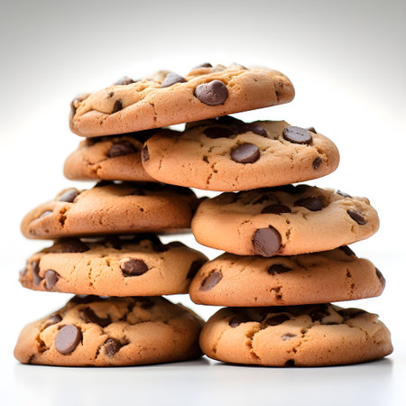Chocolate chip cookies stacked on top of each other on white backgroundの素材