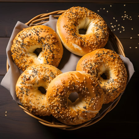 Bagels with sesame seeds in a basket on wooden backgroundの素材