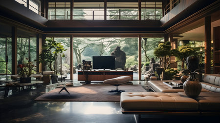 Luxury living room interior design with furniture and view of nature.の素材