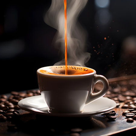 Coffee cup with smoke and coffee beans on black background.の素材