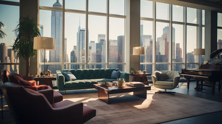 Modern living room interior with large window overlooking New York City, USAの素材