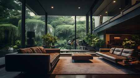 Interior of modern living room with black leather sofa and wooden floorの素材