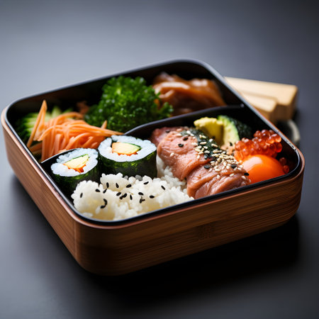 Japanese lunch box with salmon, rice and vegetables on black background.の素材