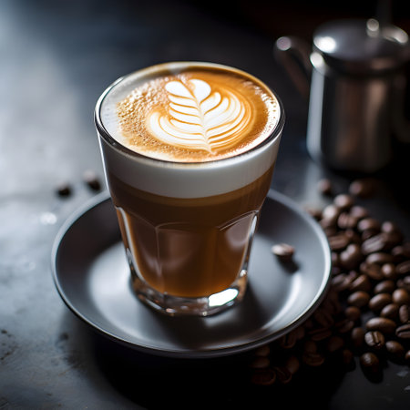 Latte coffee in a glass on a dark background with coffee beansの素材