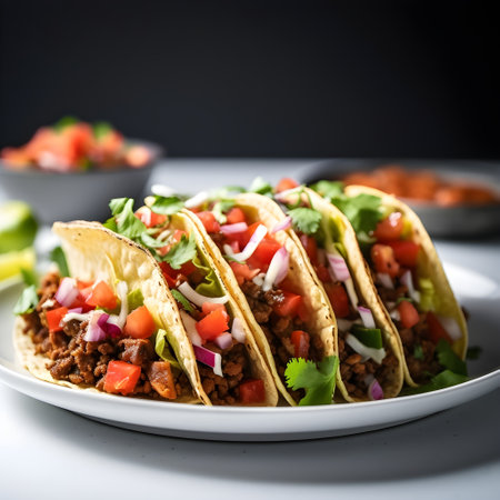 Traditional mexican tacos with beef and vegetables on a white plateの素材