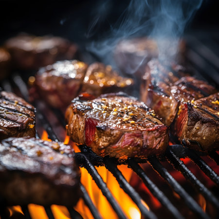 Grilled beef steaks on barbecue grill with flames and smoke.の素材