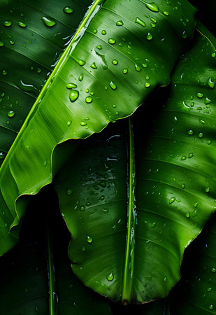 Banana leaf with water droplets on it, nature background.の素材