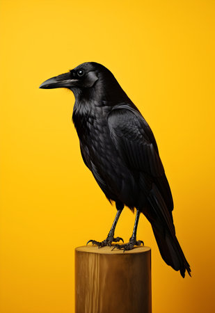 Black raven on a wooden stand on a yellow background. Close-upの素材