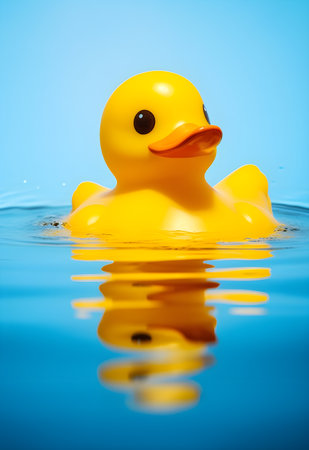 Yellow rubber duck floating in water on blue background with copy space.の素材