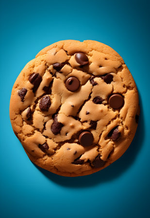 Chocolate chip cookie on blue background. Top view. Toned.の素材