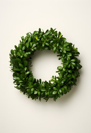 Christmas wreath made of green leaves on white background, top viewの素材