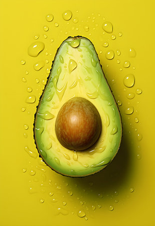 Avocado with water drops on a yellow background. Top view.の素材