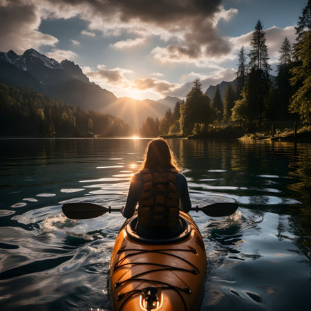 Woman kayaking on the lake with mountains in the background at sunsetの素材