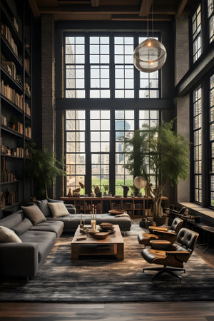 Luxury living room loft interior with bookshelf and sofa. 3D Renderingの素材