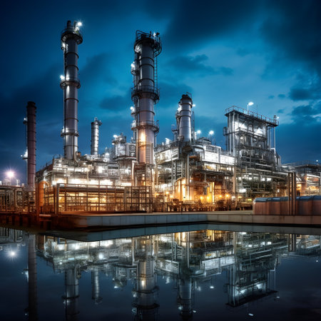 Refinery plant at night with reflection in water,の素材