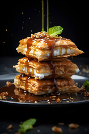 Pouring caramel syrup on pancakes with nuts and honey, black backgroundの素材