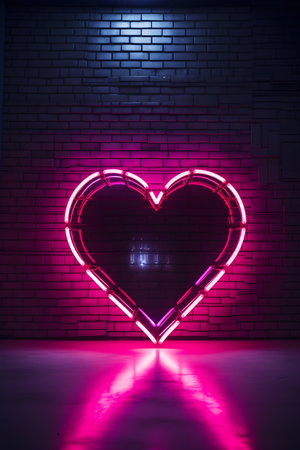 Neon heart on brick wall background. Valentine's day concept. 3D Renderingの素材
