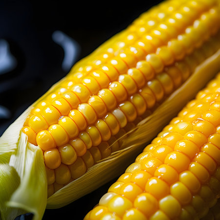Fresh corn on the cob on a black background. Selective focus.の素材